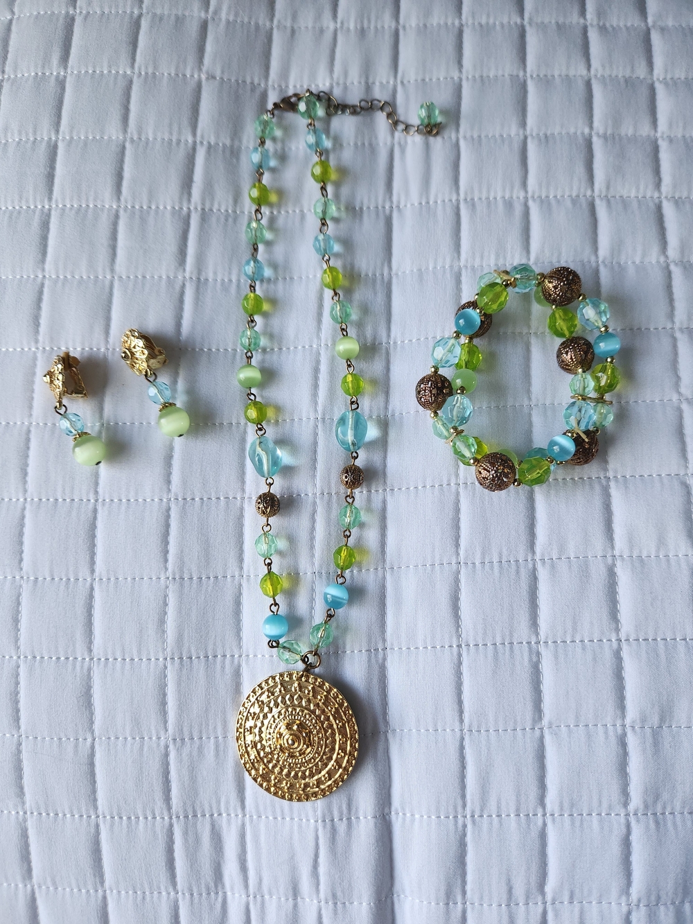 Gold Medallion Necklace Set with Blue & Green Beads